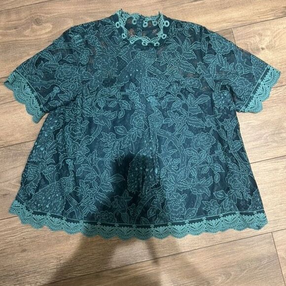 Anthropologie HD in Paris Lace Meadows Blouse Turquoise Boho - Picture 1 of 9